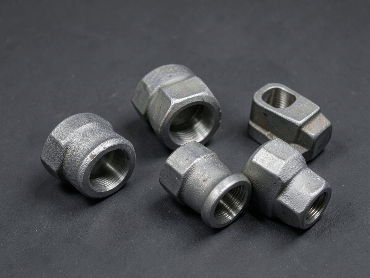 Forged steel socket weld fittings on a dark surface