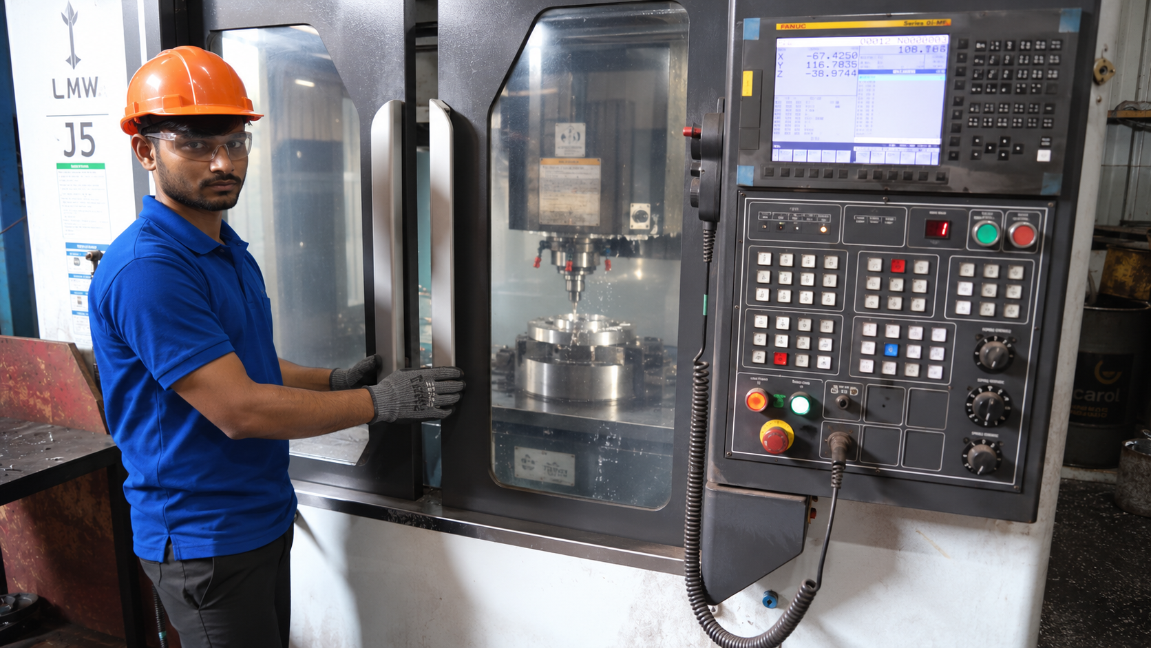 Hema Industries operator at a CNC machining centre on the factory floor