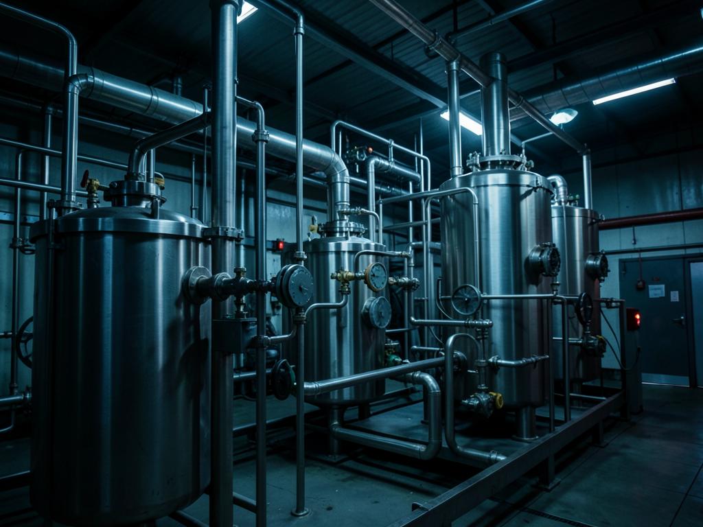Chemical plant interior with stainless steel vessels and valves