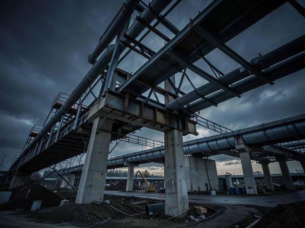 Elevated industrial pipeline bridge under a dark sky