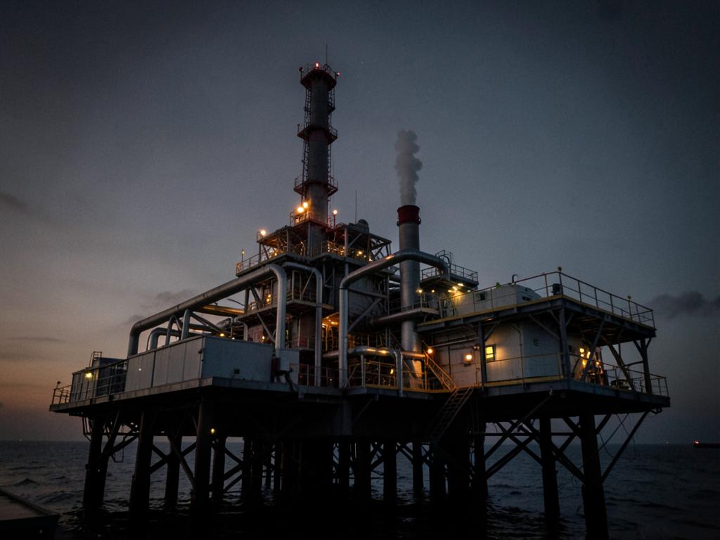Offshore oil and gas platform with steel process piping at dusk
