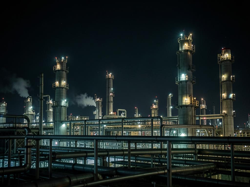 Petrochemical refinery pipe racks and columns lit at night