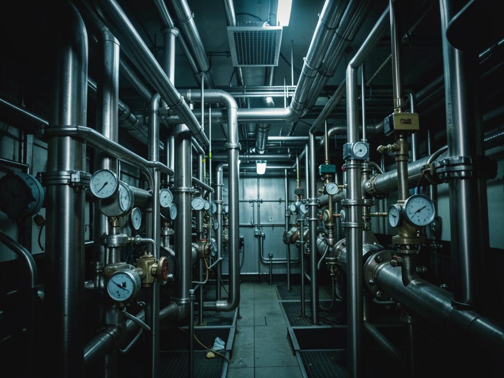 Dense stainless steel pipework with gauges inside a plant