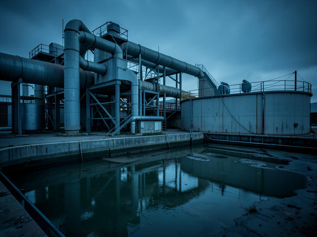 Water treatment plant with large steel pipework and tanks