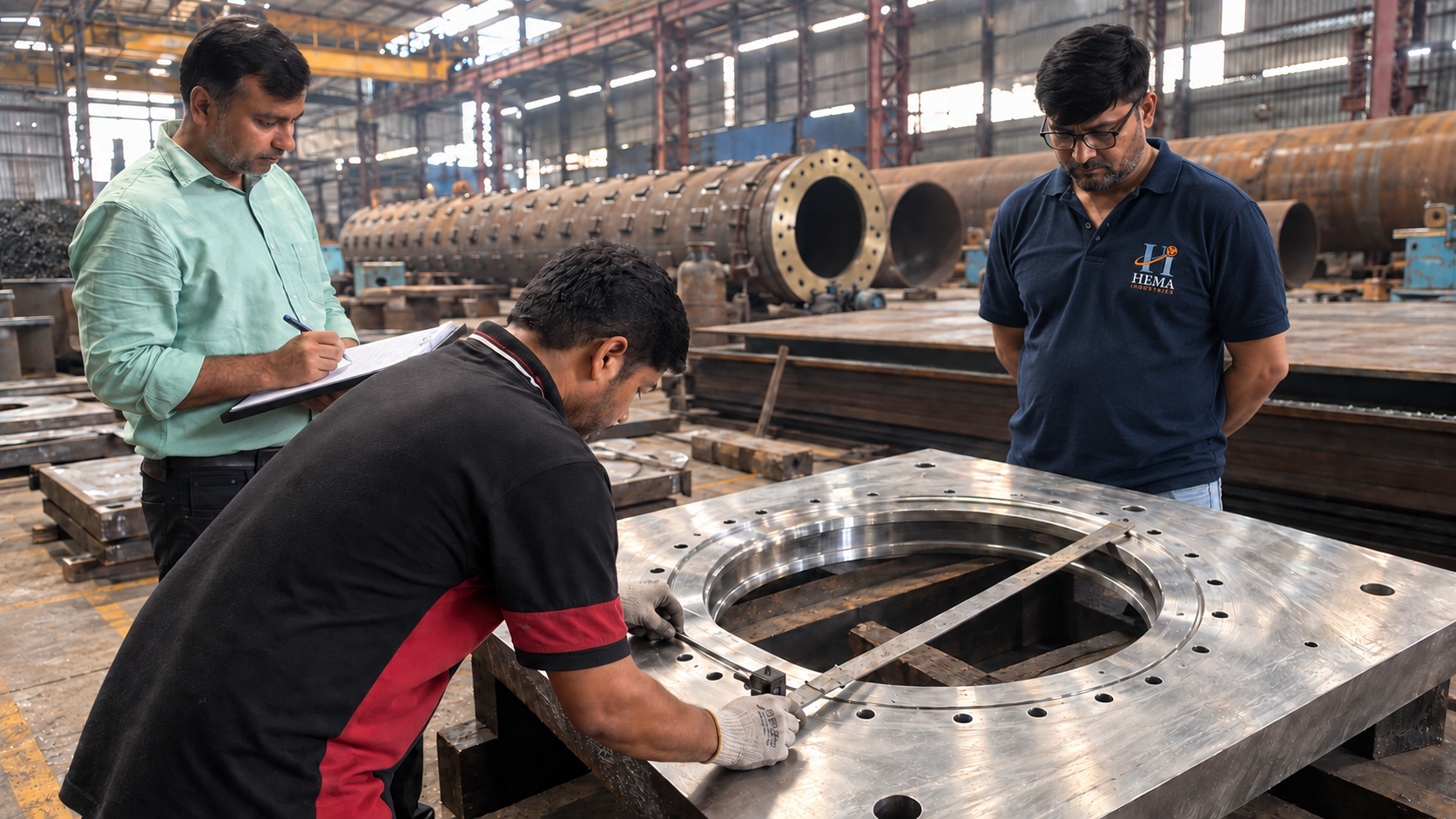 Dimensional inspection of a large machined flange — an inspector measuring the component while another takes notes beside a Hema Industries representative in the factory
